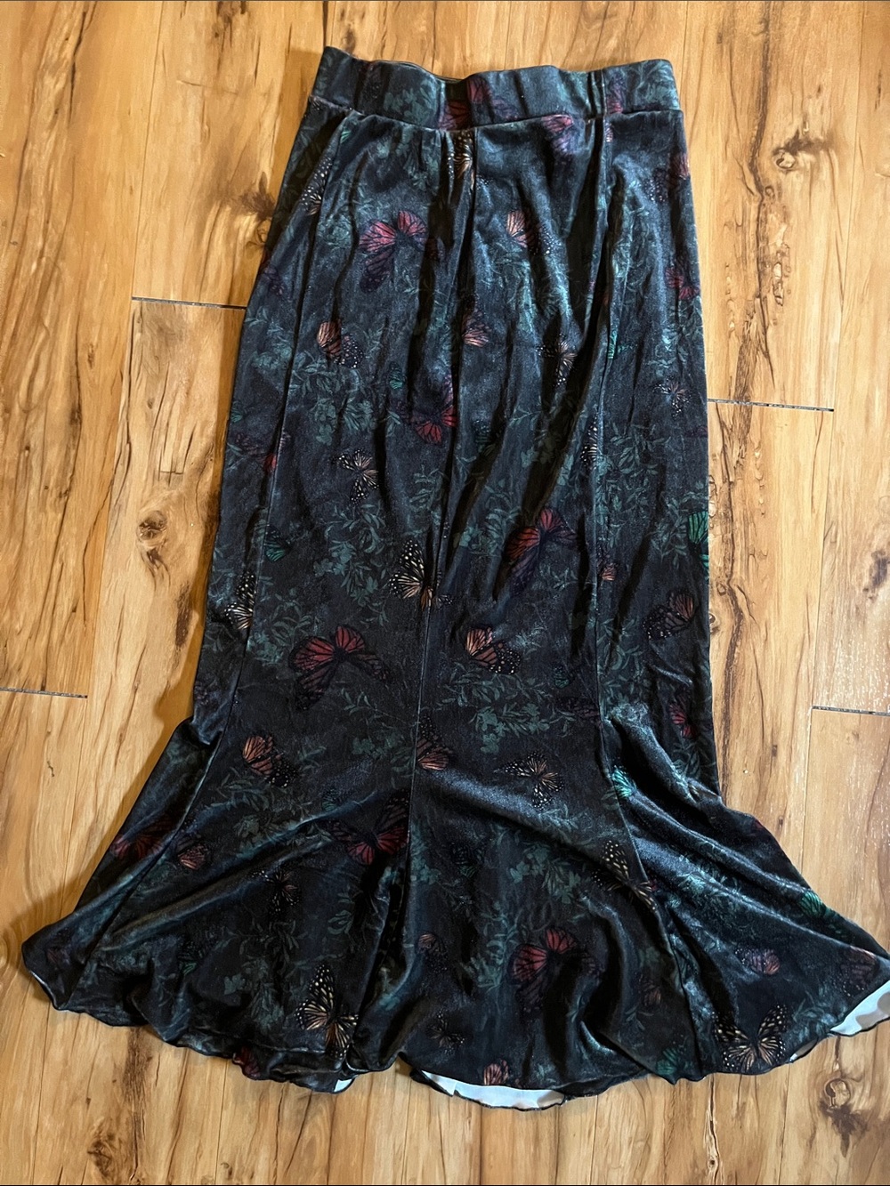 Thorn & Fable Velvet Maxi Skirt with Subtle Floral & Butterfly Motif